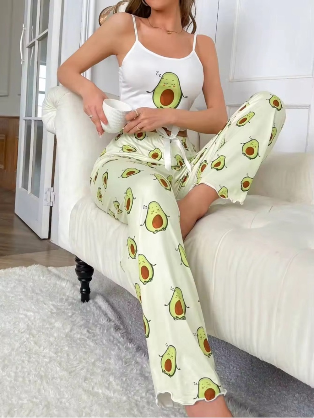 Avocado Print Pajama Set - White & Light Green